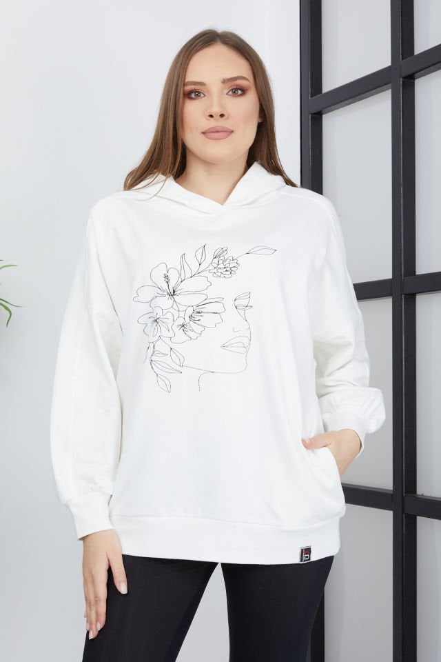 Kadın Line Art Baskılı Oversize Sweatshirt Beyaz - Oversize