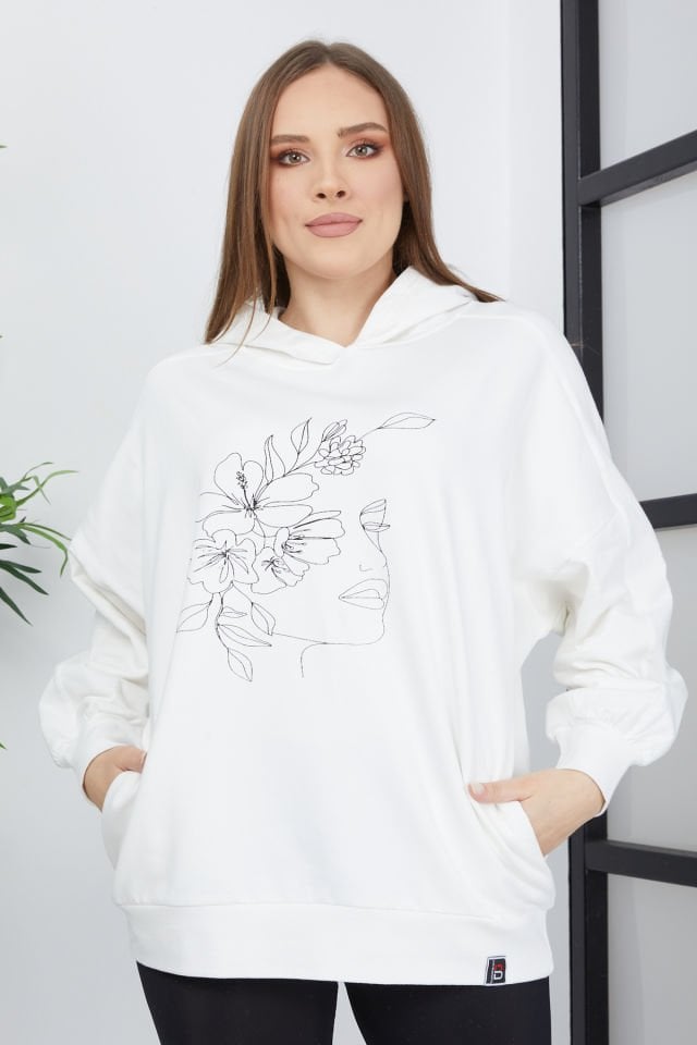 Kadın Line Art Baskılı Oversize Sweatshirt Beyaz - Oversize