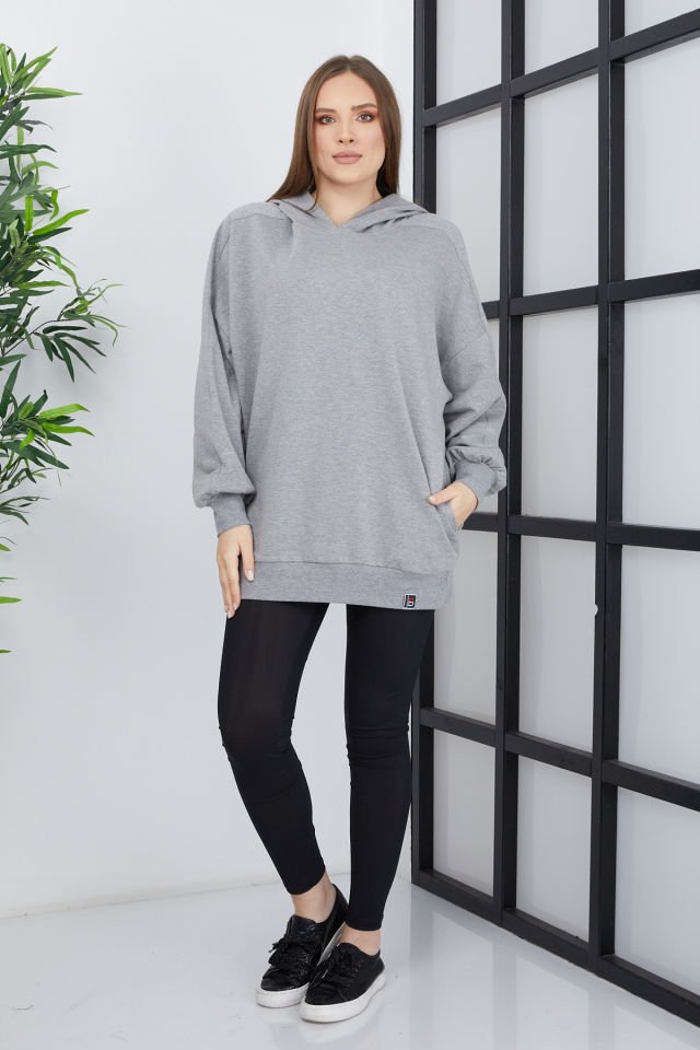 Kadın Line Art Sırt Baskılı Oversize Sweatshirt Oversize - Gri