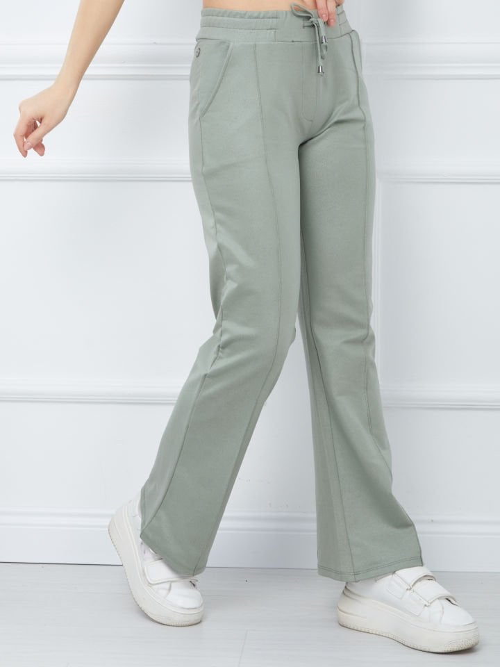 Kadın Sıvama Kumaş Önden Dikişli Geniş Paça Pantolon Yeşil - XXL