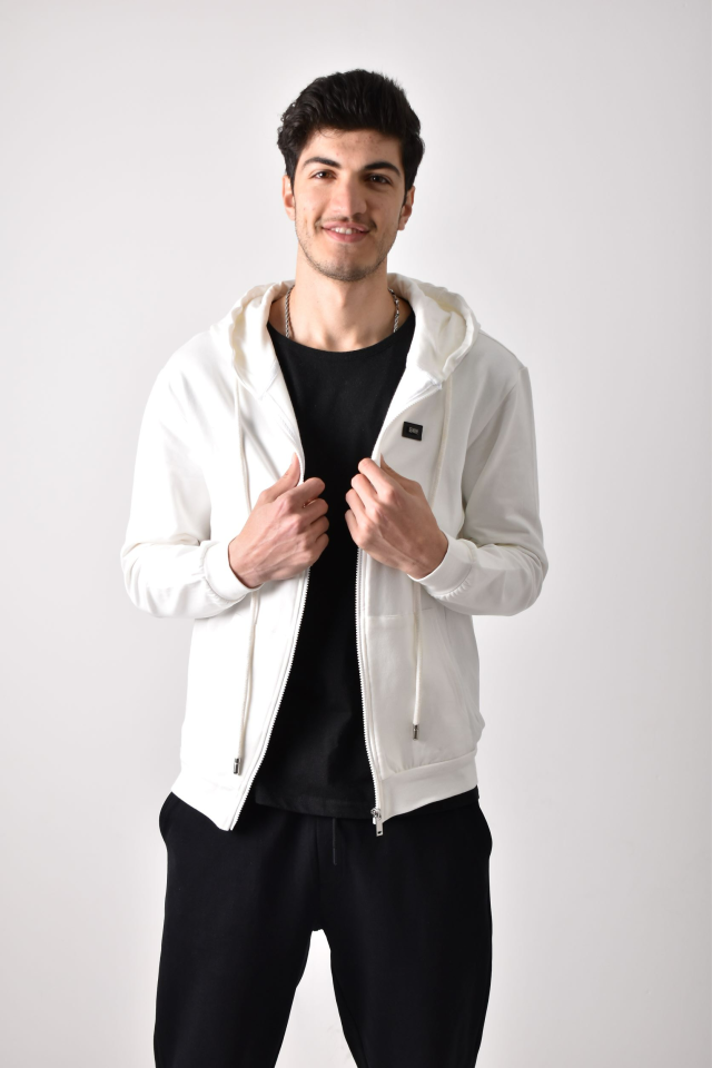 Unisex Fermuarlı Kapüşonlu Sweatshirt S - Beyaz