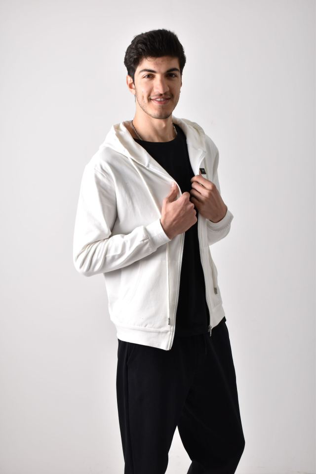 Unisex Fermuarlı Kapüşonlu Sweatshirt S - Beyaz