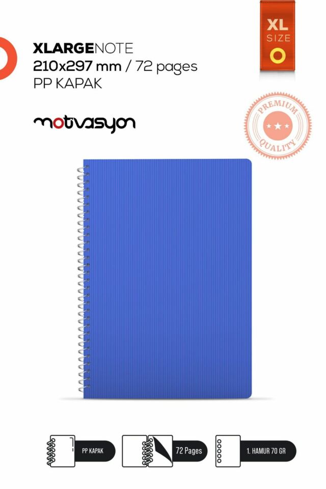 Motivasyon Defter Mavi Çizgili Spiralli Plastik Kapak A4 Ebat 72 Yaprak 1.Hamur 70GR Defter XLarge Beden