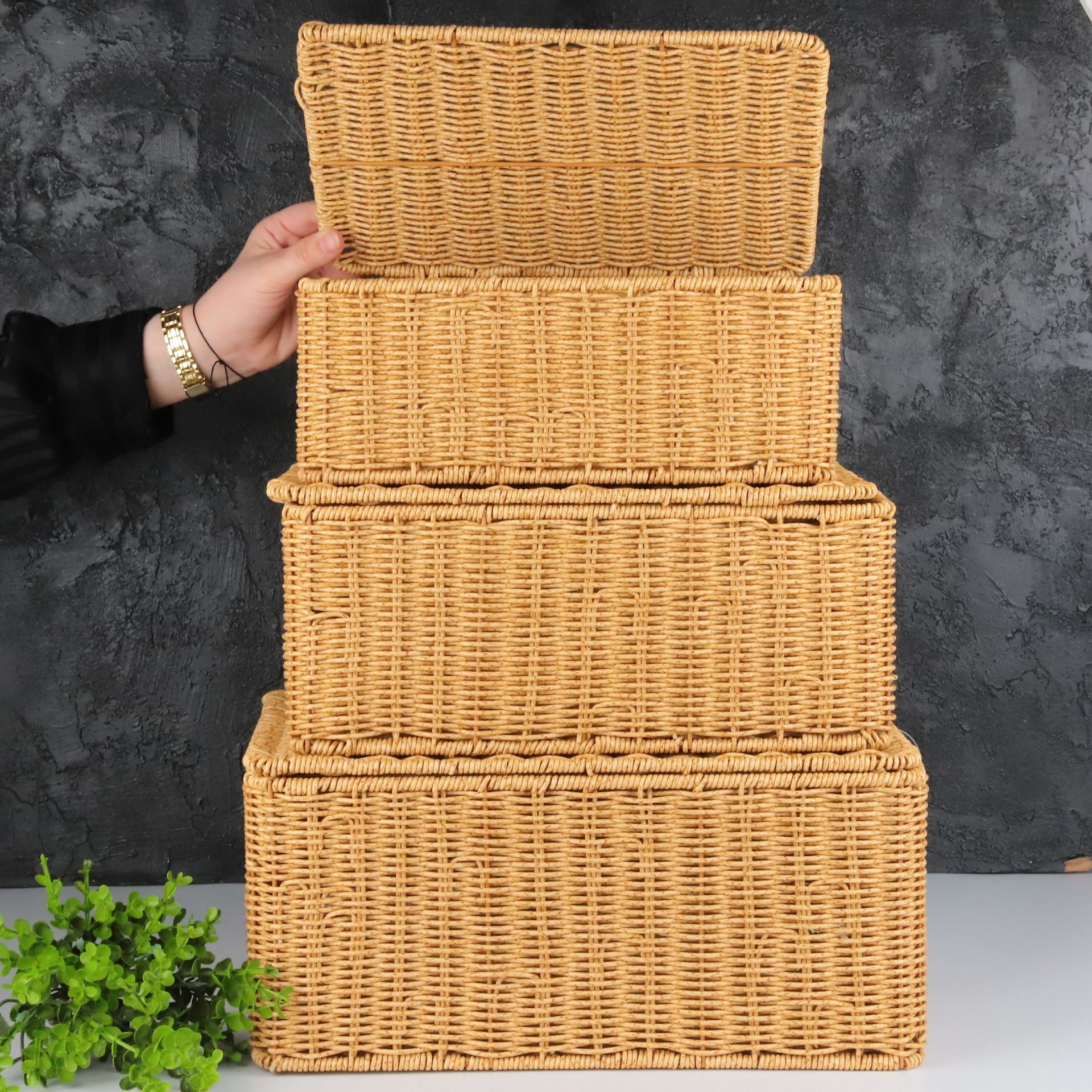 3'LÜ RATTAN KAPAKLI SEPET SET