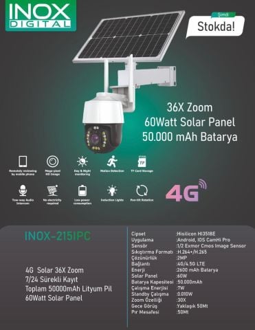 ınox-215ıpc solar kamera hd 1080p 4g solar panel pt ıp