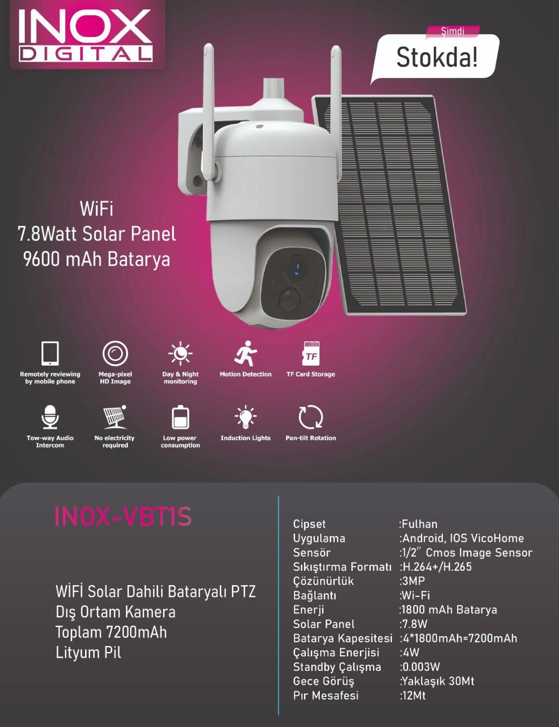 inox vbt1s Dış ortam solar kamera