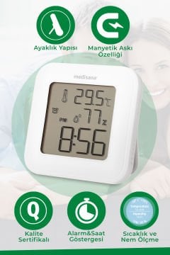Alman Tasarım Dijital Geniş Ekranlı Saat Sıcaklık Isı Alarmlı Nem Ölçer Termometre
