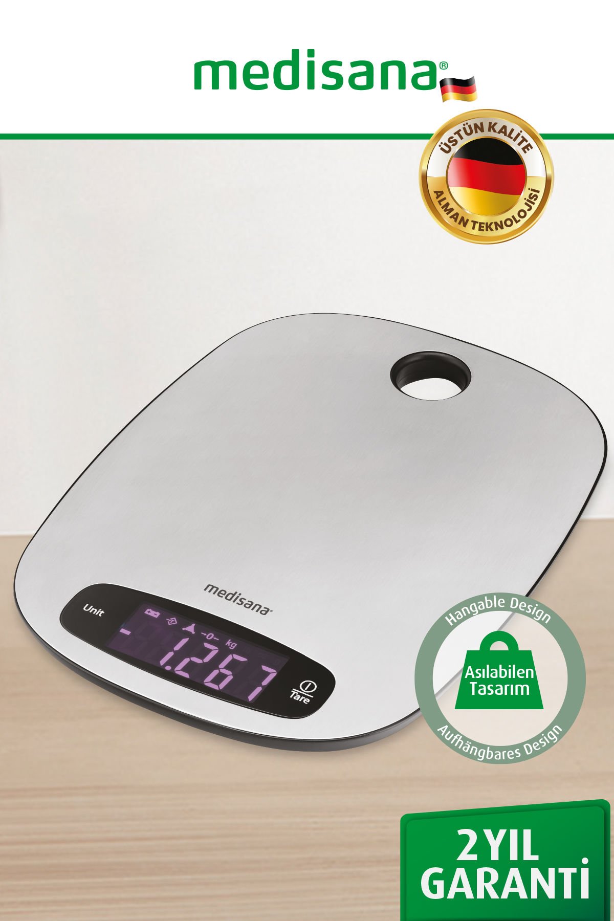 Alman Tasarım Dokunmatik LED Ekranlı Dijital Inox 1gr-5kg Asılabilir Mutfak Tartısı Terazisi