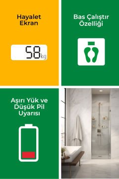 Alman Tasarım Hayalet Ekranlı Temperli Cam Siyah Dijital Banyo Baskül Tartı