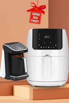 Avantajlı Beyaz İkili Set 7 Litre XXL Airfryer Sıcak Hava Fritözü 5 Fincan Kapasiteli Türk Kahve Makinesi