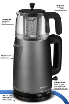Dem Antrasit 2200 Watt XL Paslanmaz Demlikli Cam Çelik Çay Makinesi Ve Su Isıtıcısı