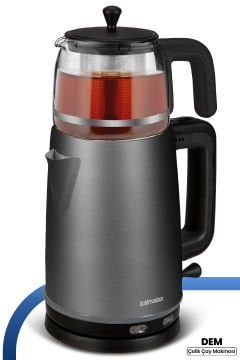 Dem Antrasit 2200 Watt XL Paslanmaz Demlikli Cam Çelik Çay Makinesi Ve Su Isıtıcısı
