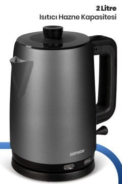 Dem Antrasit 2200 Watt XL Paslanmaz Demlikli Cam Çelik Çay Makinesi Ve Su Isıtıcısı
