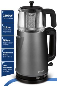 Dem Antrasit 2200 Watt XL Paslanmaz Demlikli Cam Çelik Çay Makinesi Ve Su Isıtıcısı