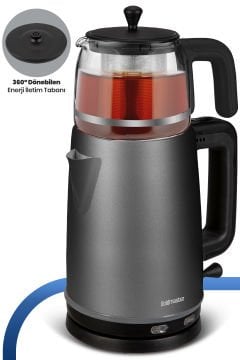 Dem Antrasit 2200 Watt XL Paslanmaz Demlikli Cam Çelik Çay Makinesi Ve Su Isıtıcısı