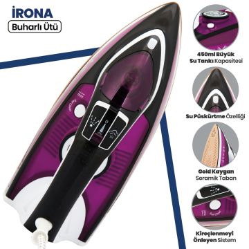 Irona 2600 Watt Seramik Tabanlı Damlama Önleme Sistemli 160 Gr Şok Buharlı Ütü