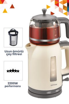 ST7335 Krem 2200 Watt Cam Demlikli Çay Makinesi ve Su Isıtıcısı