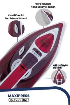 Orginal Maxipress Kırmızı 2200 Watt Seramik Tabanlı 160 gr Şok Buharlı Ütü