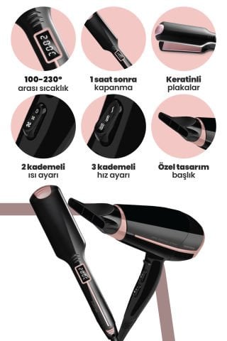 Proset Profesyonel Kuaför Fön Makinesi ve Keratin Seramik Plaka Düzleştirici Saç Şekillendirme Seti