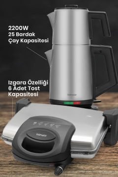 Paslanmaz Çelik Inox İkili Set Çay Makinesi Tost Izgara Makinesi