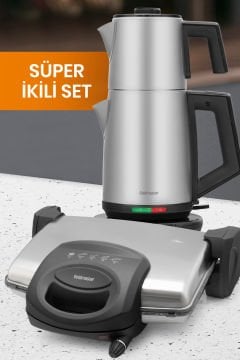 Paslanmaz Çelik Inox İkili Set Çay Makinesi Tost Izgara Makinesi