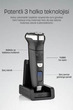 Dijital Ekranlı Oynar Başlık Şarj Standlı Eros Islak Kuru Saç Sakal Erkek Bakım Seti Tıraş Makinesi