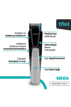 Mega 17 In 1 Erkek Bakım Seti Paslanmaz Çelik Bıçaklı 120 Dk Kablolu Kablosuz Kullanım