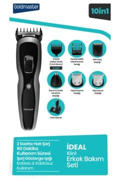 Ideal Paslanmaz Çelik Full Standlı Li-ion Bataryalı 10 In 1 Erkek Bakım Seti Kiti