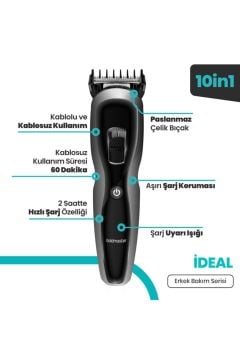 Ideal Paslanmaz Çelik Full Standlı Li-ion Bataryalı 10 In 1 Erkek Bakım Seti Kiti