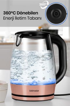 Honey Rose Gold Paslanmaz Çelik 2200 Watt 1.7 Litre Işıklı Cam Kettle Su Isıtıcı