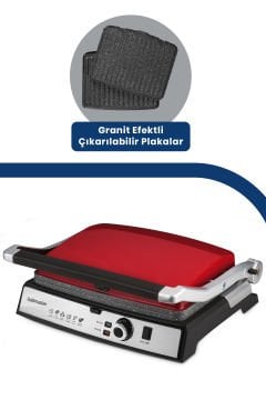 Tostmix Mat Kırmızı Paslanmaz Çelik 2000 Watt Granit Çıkarılabilir Plakalı Tost Ve Izgara Makinesii