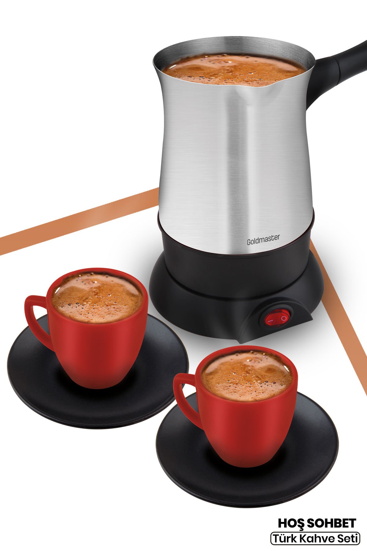 Hoş Sohbet Paslanmaz Çelik Porselen 2’li Kahve Fincanı Hediyeli Elektrikli Cezve Kahve Seti Inox