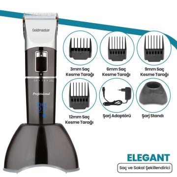 Elegant Led Ekranlı Şarj Standlı Kablosuz Titanyum Bıçaklı 20 Kademeli Saç Sakal Kesme Makinesi