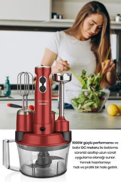 Elenamax Vişne Kırmızı 1000 Watt Hız Ayarlı %100 Bakır Motor 5 In 1 Mutfak Robotu Multi Blender Seti