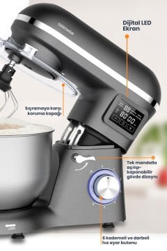 Süpermix Dokunmatik 1500Watt 5.5 Litre Çırpma Karıştırma Yoğurma Antrasit Stand Mikser Mutfak Şefi