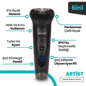 Artist Dijital Ekranlı Oynar Başlıklı Islak Kuru Şarj Standlı Erkek Bakım Seti Gm8162