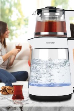 Çınar Beyaz Geniş Hazneli Demlikli Alman Schott Cam Çay Makinesi Ve Led Işıklı Su Isıtıcı