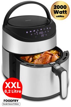 Foodfry Özel Tasarım Tutma Kolu Taşınabilir 2000w Inox Dokunmatik Airfryer Yağsız Sıcak Hava Fritözü