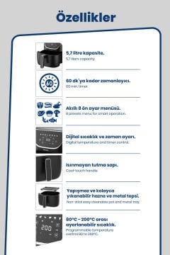 Blackfry 1700 Watt Dijital Dokunmatik 8 Ön Programlı 5.7 Litre Yağsız Kızartma Sıcak Hava Fritöz Airfryer