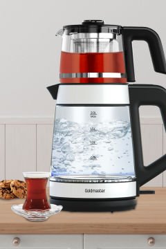 Beyaz Demlikli Alman Schott Cam Çay Makinesi Led Işıklı Su Isıtıcı Çelik Türk Kahve Makinesi