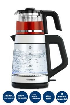 Beyaz Demlikli Alman Schott Cam Çay Makinesi Led Işıklı Su Isıtıcı Çelik Türk Kahve Makinesi