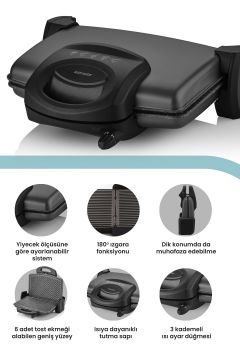 Gurmex Antrasit 1750 Watt Granit Çıkarılabilir Plakalı 5 Kademe Isı Ayarlı Tost Ve Izgara Makinesi