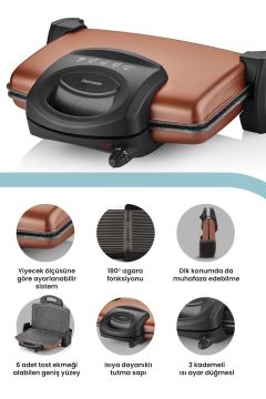 Gurmex Gold 1750 Watt Granit Çıkarılabilir Plakalı 5 Kademe Isı Ayarlı Tost Ve Izgara Makinesi