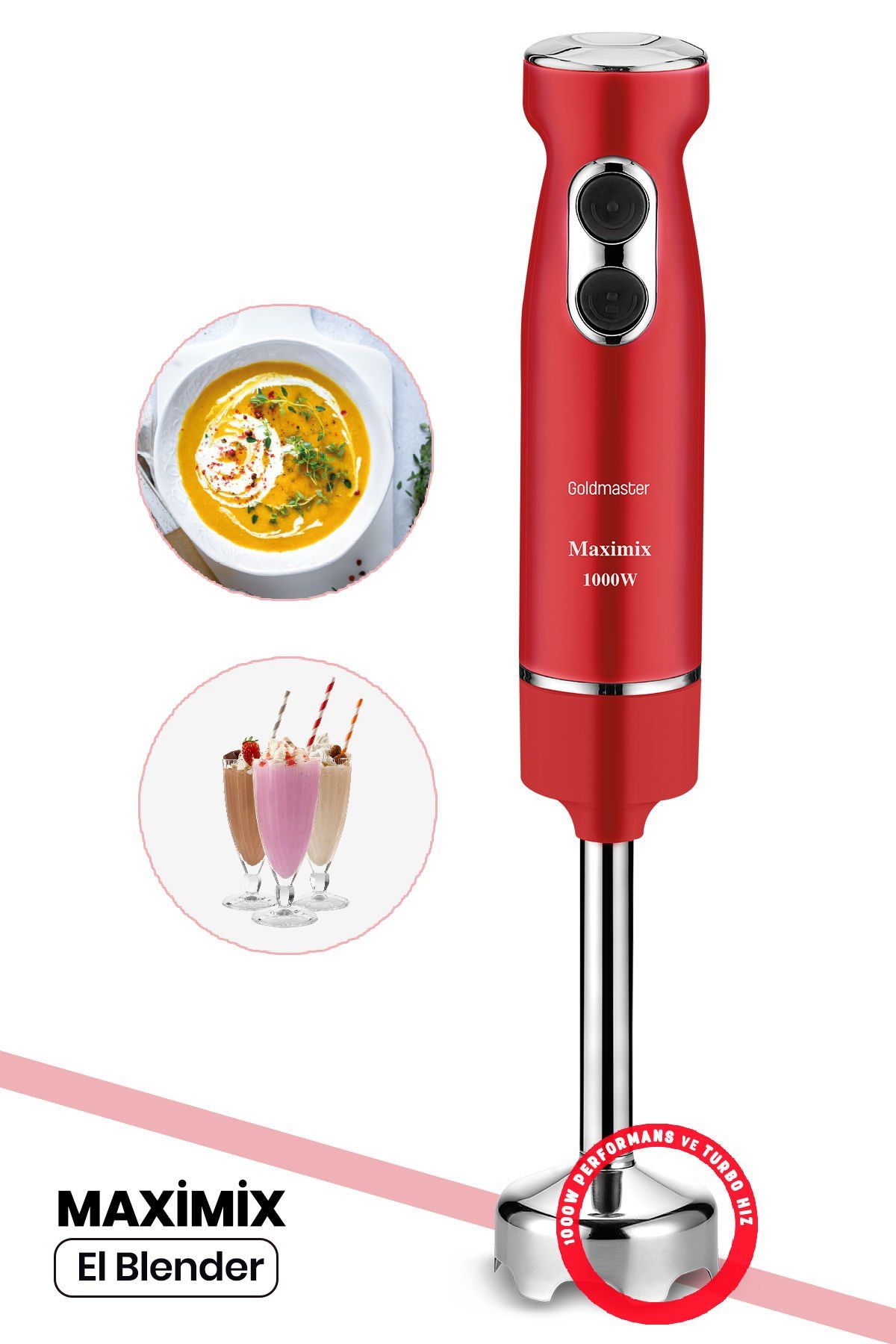 Maximix Kırmızı 1000 Watt 4 Bıçaklı Paslanmaz Çelik Turbo Hız Ayarlı El Blender