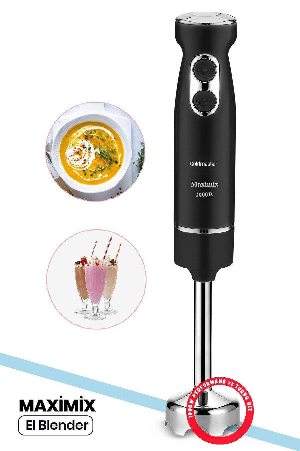 Maximix Siyah 1000 Watt 4 Bıçaklı Paslanmaz Çelik Turbo Hız Ayarlı El Blender