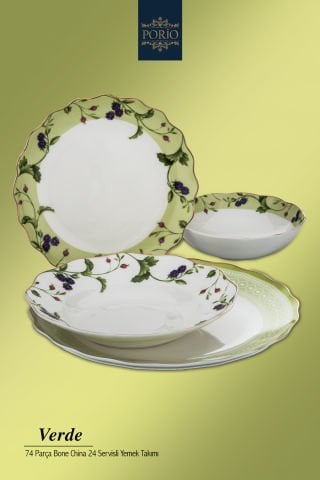 Porio Verde 74 Parça Bone China 24 Servisli 12 Kişilik Porselen Yemek Takımı
