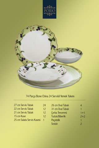 Porio Verde 74 Parça Bone China 24 Servisli 12 Kişilik Porselen Yemek Takımı