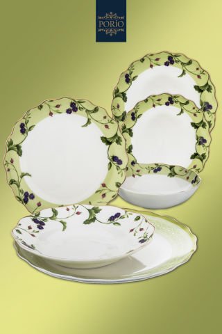 Porio Verde 74 Parça Bone China 24 Servisli 12 Kişilik Porselen Yemek Takımı
