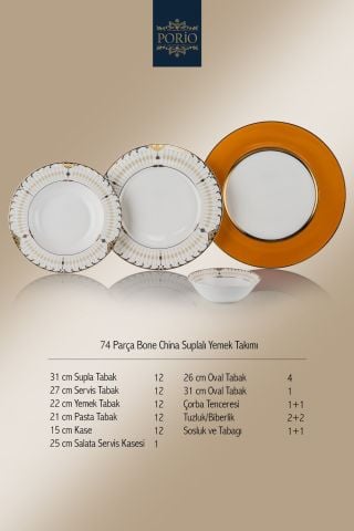 Porio Pienza 74 Parça Bone China 12 Kişilik Suplalı Porselen Yemek Takımı