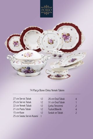 Porio Porto 74 Parça Bone China 12 Kişilik Porselen Yemek Takımı
